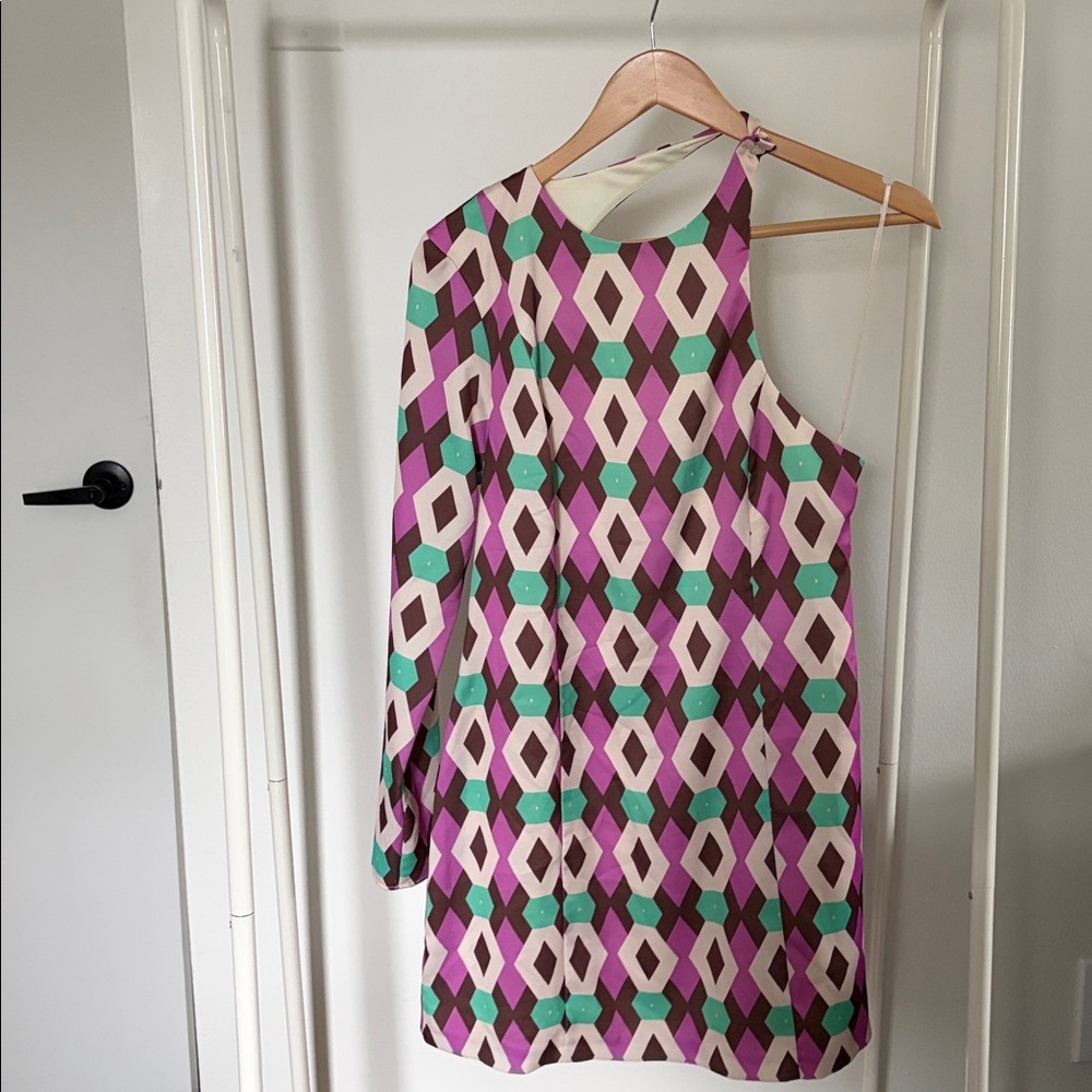 Geometric One-Shoulder Mini Shift Dress in Pink, Green & Brown